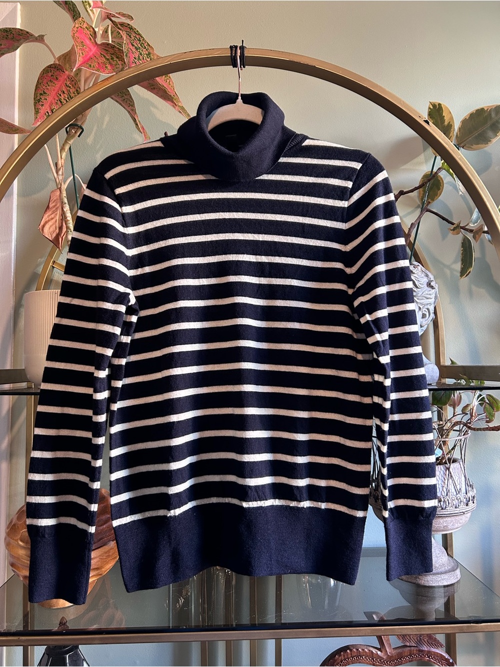 J crew 100% cashmere black and white striped turtleneck, elbow patches sz large